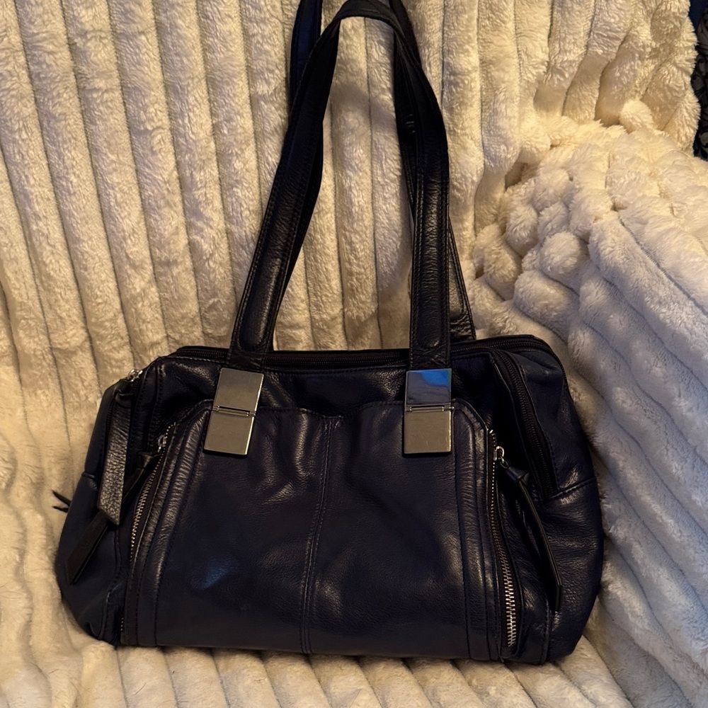 B. Makowsky Navy Leather Shoulder Bag